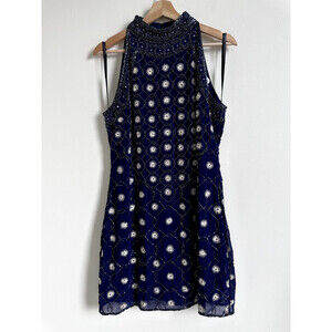TFNC Woman's Beaded Navy Blue Halter neck sleeveless cocktail Dress size M $278
